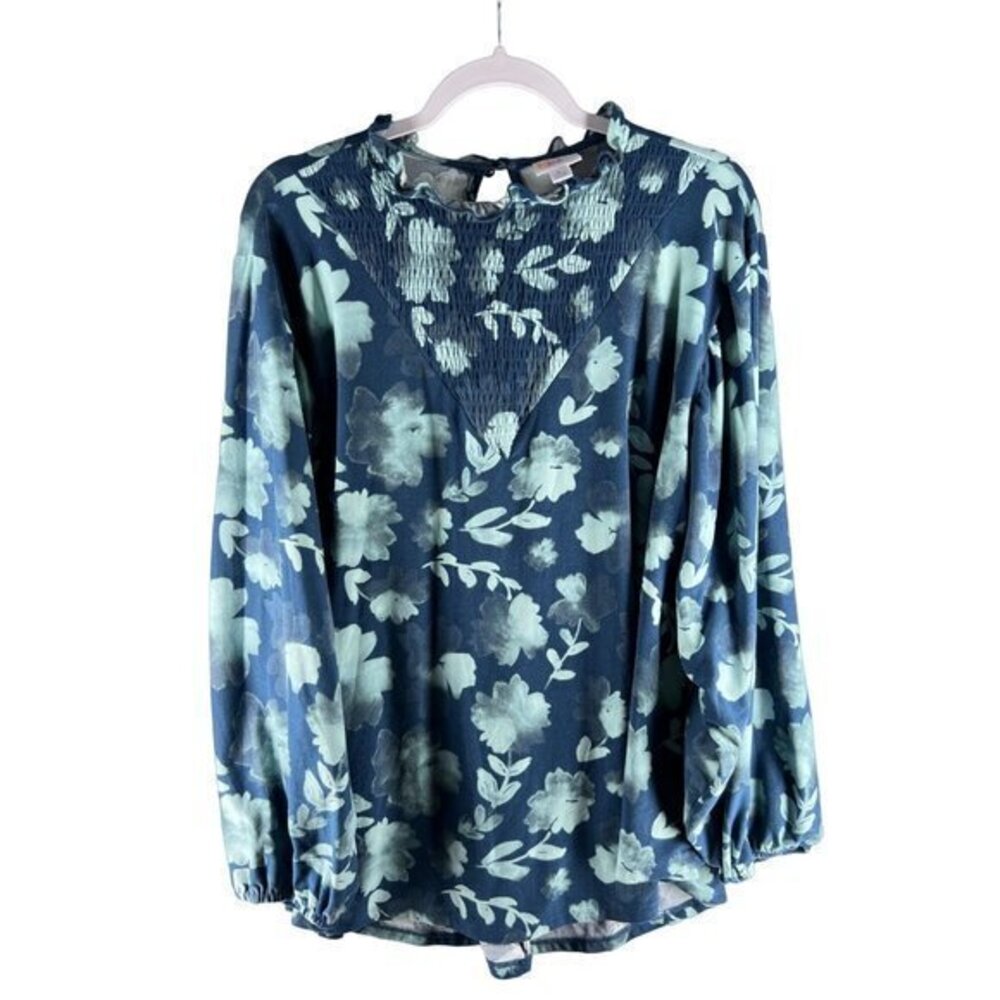 LuLaRoe Womens Tops Size L Floral Print Ruffle Mock Neck Blouson Long Sleeve